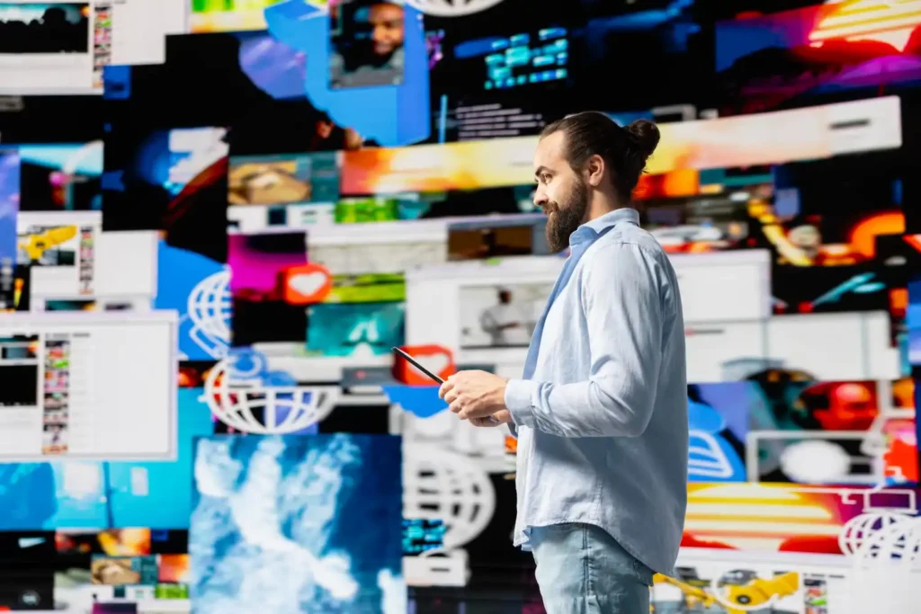 Homem com barba e cabelo preso em um coque, usando camisa clara, segurando um tablet enquanto observa várias telas e gráficos de publicidade digital.