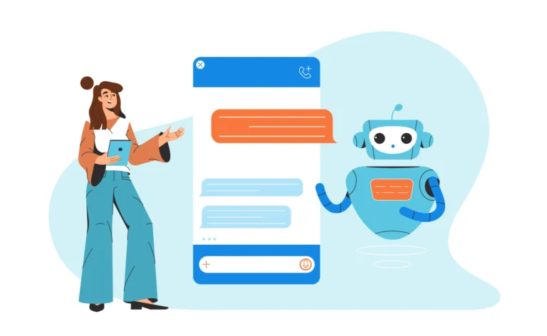 Ilustração de uma mulher usando um smartphone e um chatbot de inteligência artificial conversando, representando marketing conversacional substituindo formulários tradicionais.