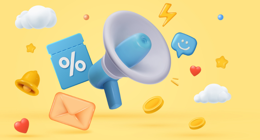 Ilustração 3D de megafone com ícones de mensagem, desconto, moedas e reações representando marketing e comunicação digital.