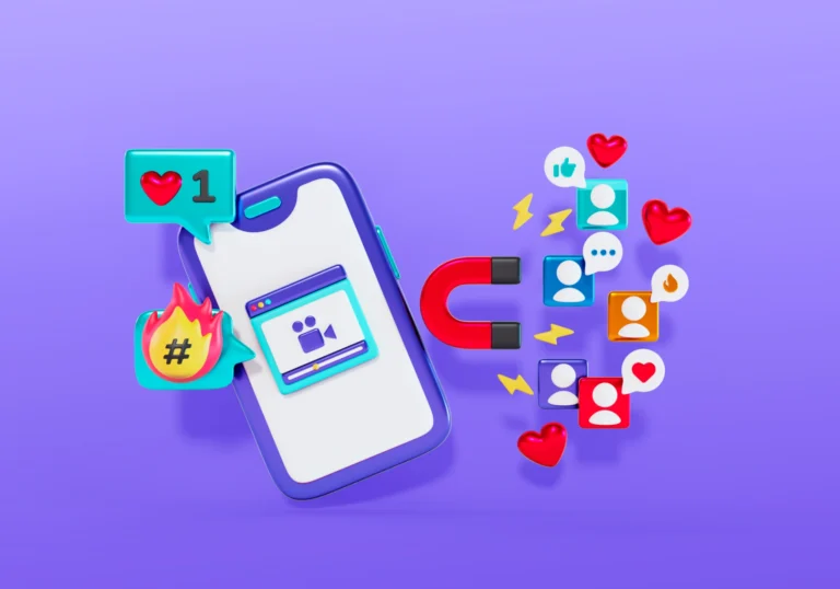 Ilustração em fundo roxo com um smartphone mostrando uma campanha e símbolos de engajamento, como corações, curtidas e comentários, representando Publicidade nas Redes Sociais: Como escolher os melhores canais para cada público.