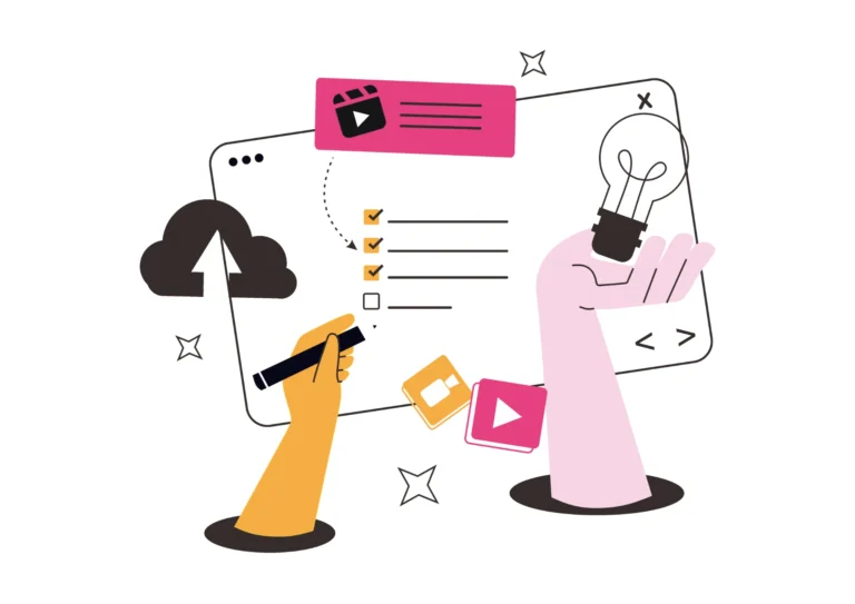 Storytelling na Publicidade: Como criar histórias que aproximam marcas e consumidores: Ilustração em estilo vetorial de: Ilustração em estilo vetorial de storytelling na publicidade: duas pessoas interagem com uma grande tela digital e ícones de vídeo, checklists e ideia, simbolizando histórias que aproximam marcas e consumidores.