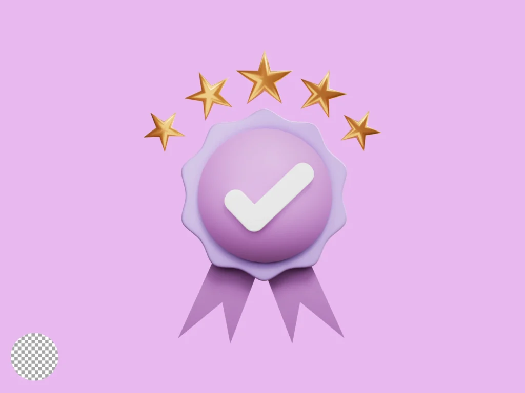 Ilustração com medalha roxa com ícone de check e estrelas douradas em fundo lilás, simbolizando reconhecimento e aprovação em Brand Awareness: Como Aumentar o Reconhecimento da Sua Marca na Internet.
