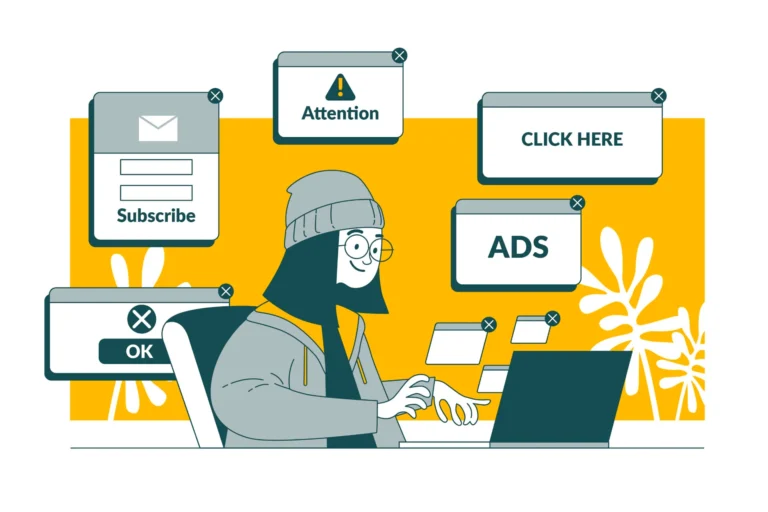 Meta Ads: Como estruturar uma campanha para atrair clientes: Ilustração vetorial de uma pessoa usando notebook enquanto interações e alertas de assinaturas e cliques aparecem na tela, com destaque para a ideia de Ads e captação de clientes.